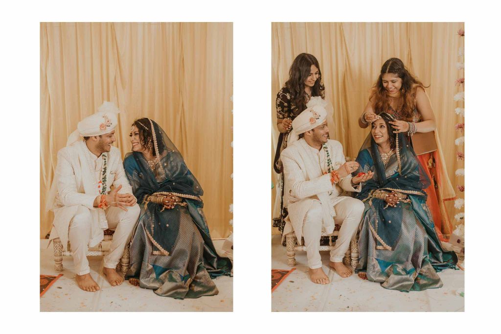 bride and groom talking to each other during wedding ceremony