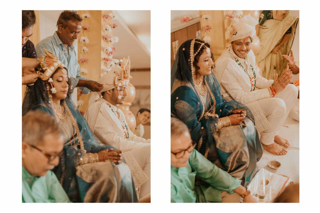 bride and groom talking to each other during wedding ceremony