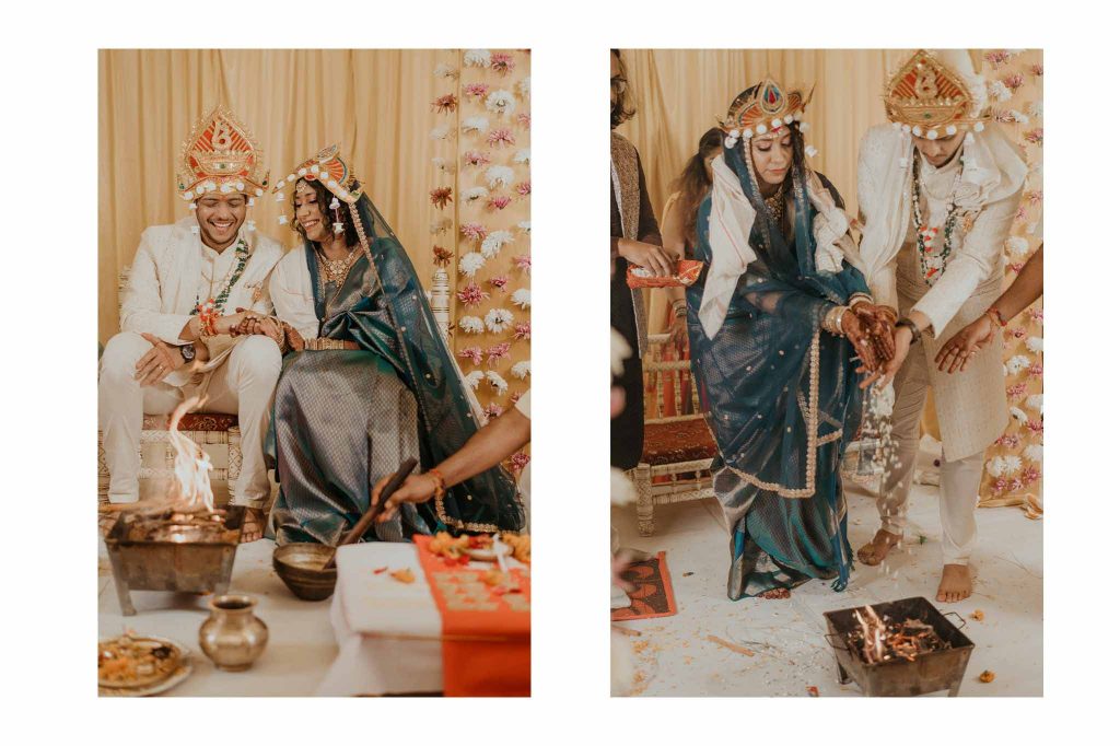 bride and groom perform ritual during wedding ceremony